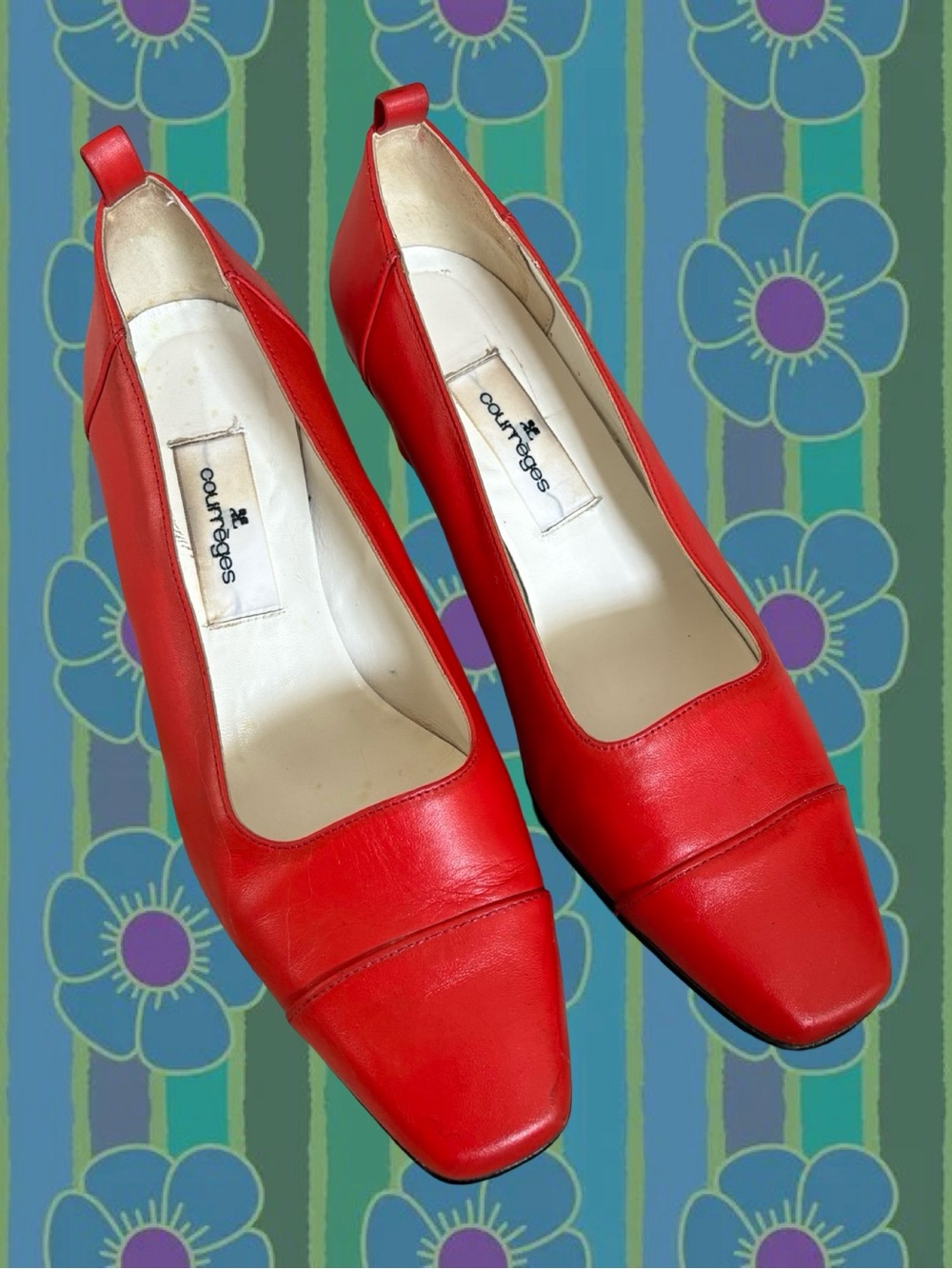 2000s Red Leather Square-Toe Pumps by Courrèges